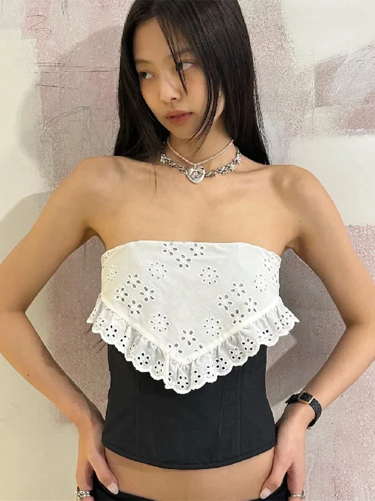 

New Fashion Splice Lace Crop Tops Women Bodycon Sexy Off the Shoulders Sleeveless Tank Top Women's Club Slim Hollow Out Clothing