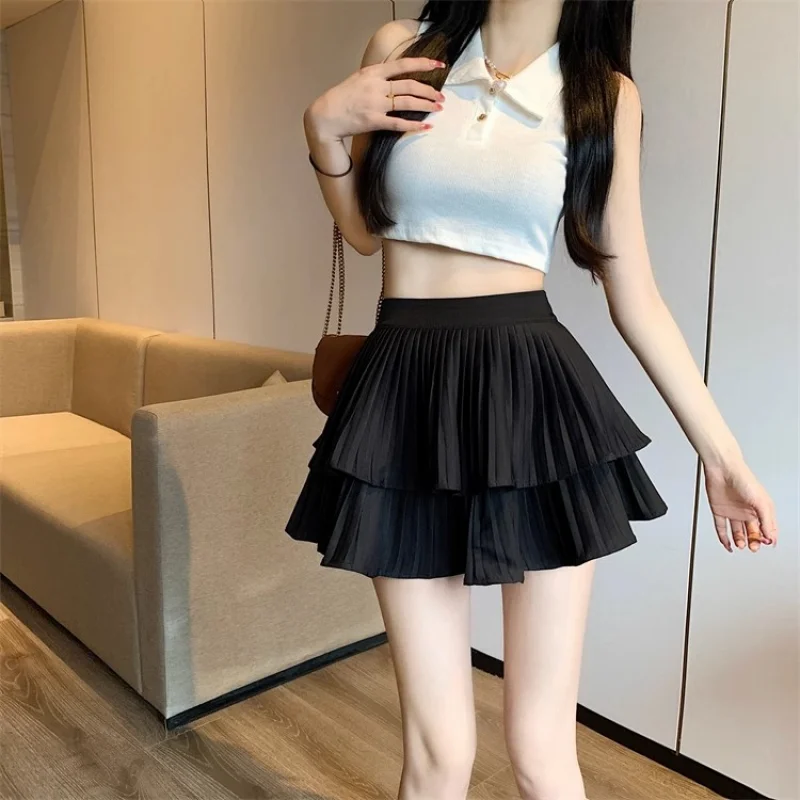 Women Ruffled Pleated A-Line Mini Skirt Summer Tulle Cake High Waist Slim Skirt Shorts Female Sexy Korean Kawaii White