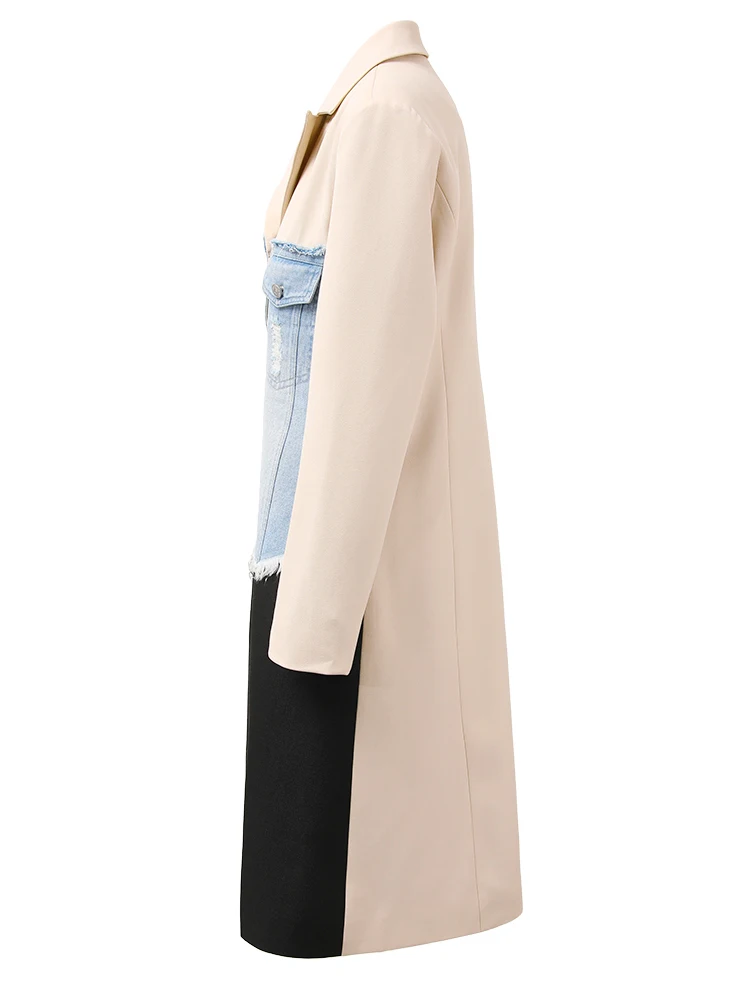 ZMEENNA Beige Denim Color-block Long Elegant Blazer Women New Lapel Long Sleeve Jacket Fashion Tide Spring Autumn 2024 XF2662