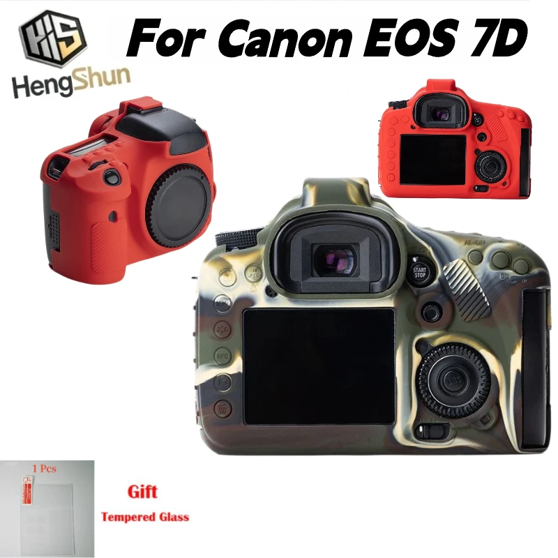 For Canon EOS 7D Silicone Rubber Camera Skin Anti‑Scratch Shock‑Resistant Protective Shell Cover+ 1 PCS Free Tempered Glass Film