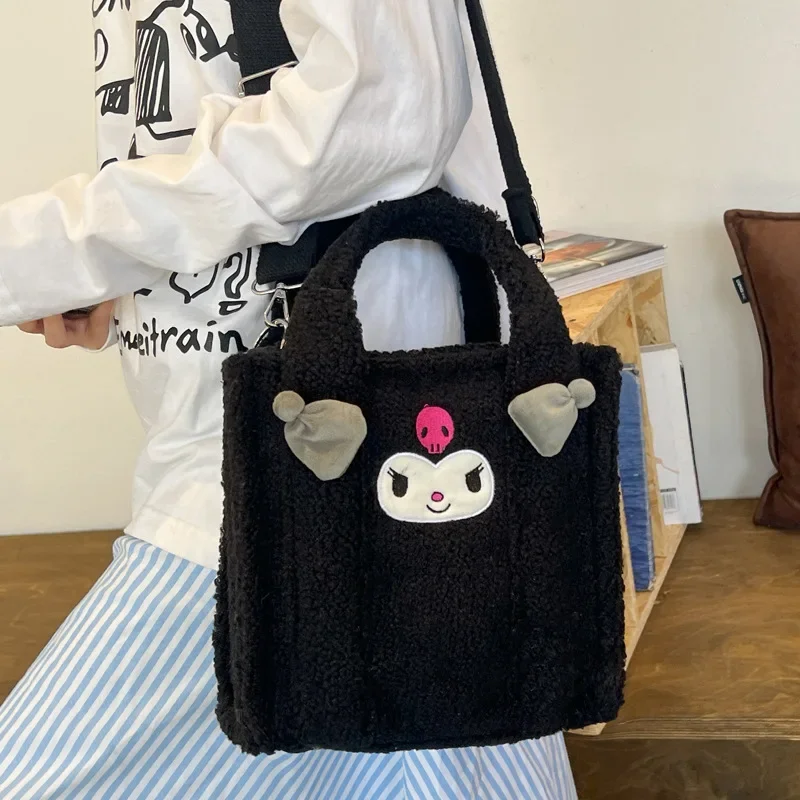 Sanrio Kuromi Bag Girls Soft Plush Tote Bag Cartoon Kawaii Embroidery Imitation Lamb Hair Shoulder Bag Women Shopper Bag Bolsa