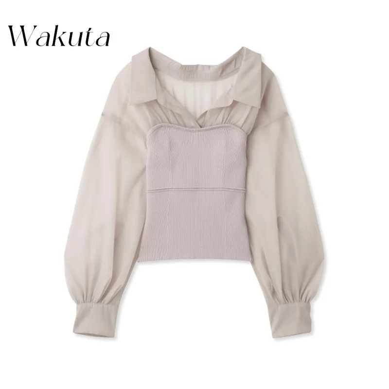 WAKUTA Fashion Japanese Polo Neck Lantern Sleeves Slim Fit Knitwear 2024 Summer New Elegant Slim Fit Folded Panel Tops トップス