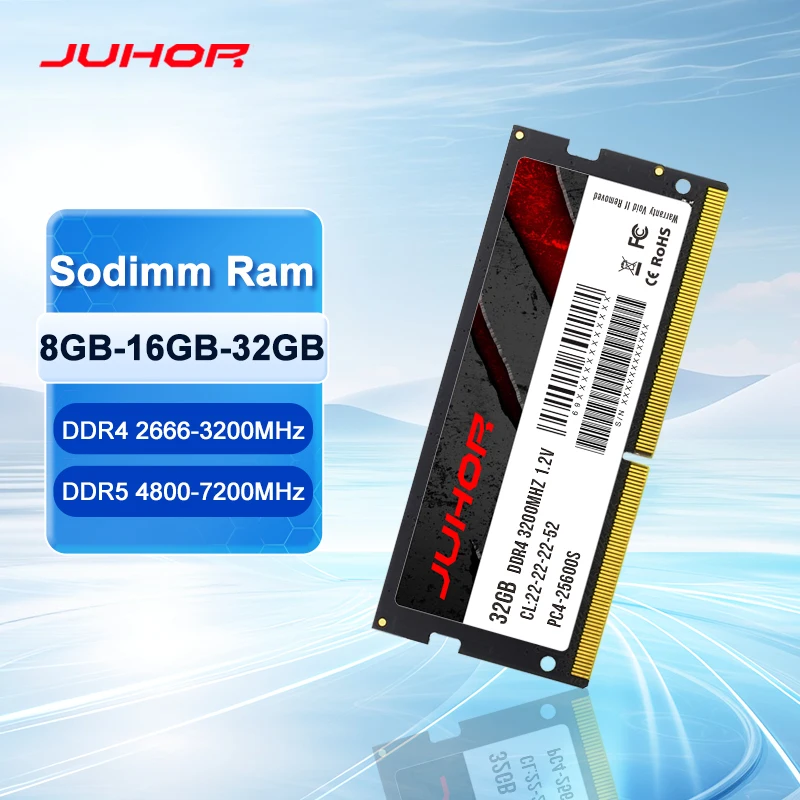 JUHOR Laptop Ram 8GB 16GB 32GB DDR4 2666MHz 3200MHz DDR5 4800Hz 5600Hz 6400Hz 7200Hz Notebook Memory Sodimm Memoria