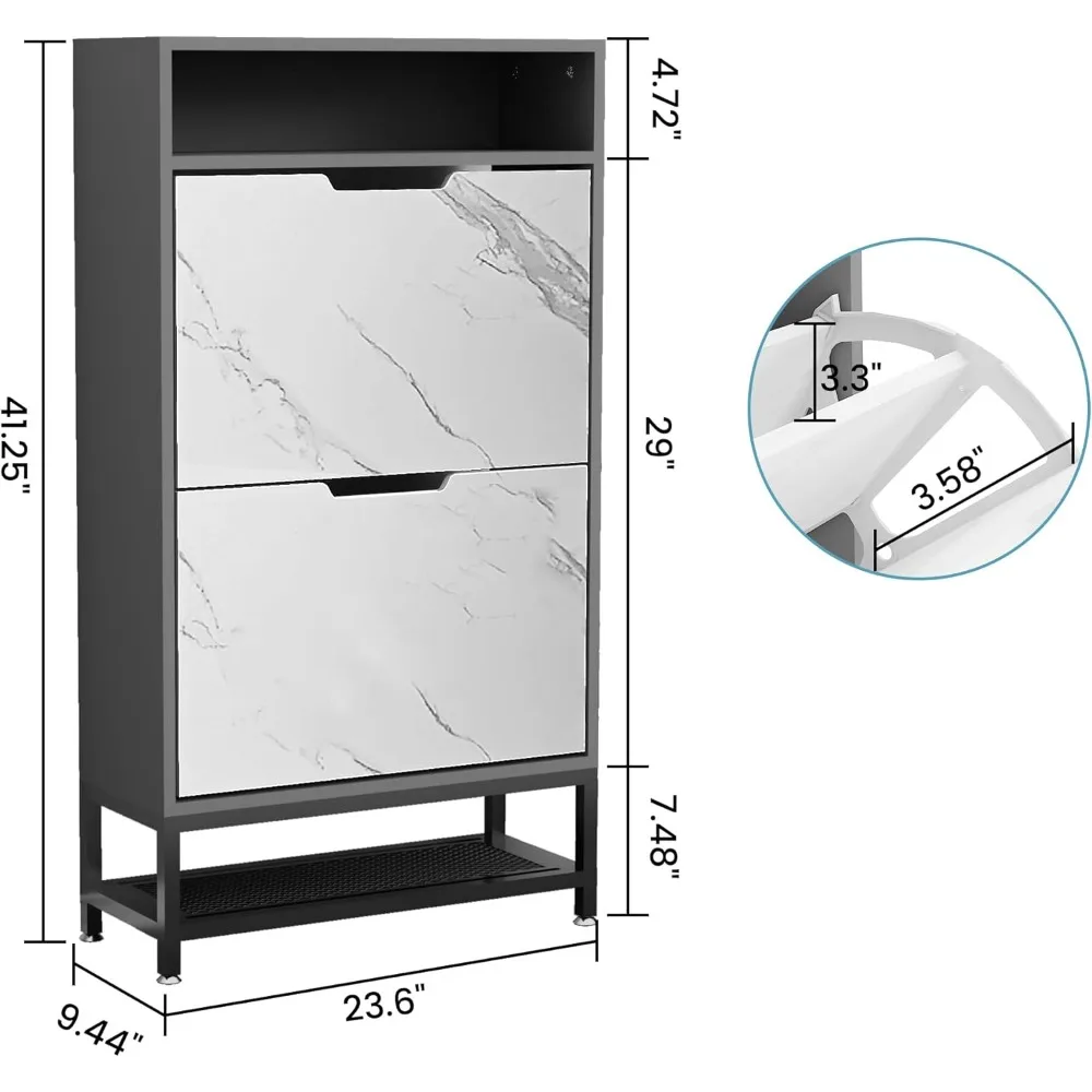 Shoe Cabinet with 2 Marbleized Finish Flip Drawers,Shoe Storage Cabinet with Open Shelves& Metal Mesh Frame