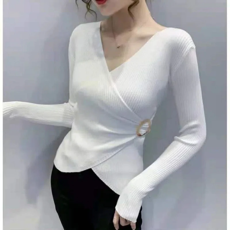 Primavera otoño nuevo cuello en V manga larga suéter de moda mujeres High Street Casual Slim jerseys estilo coreano elegante todo-fósforo Tops