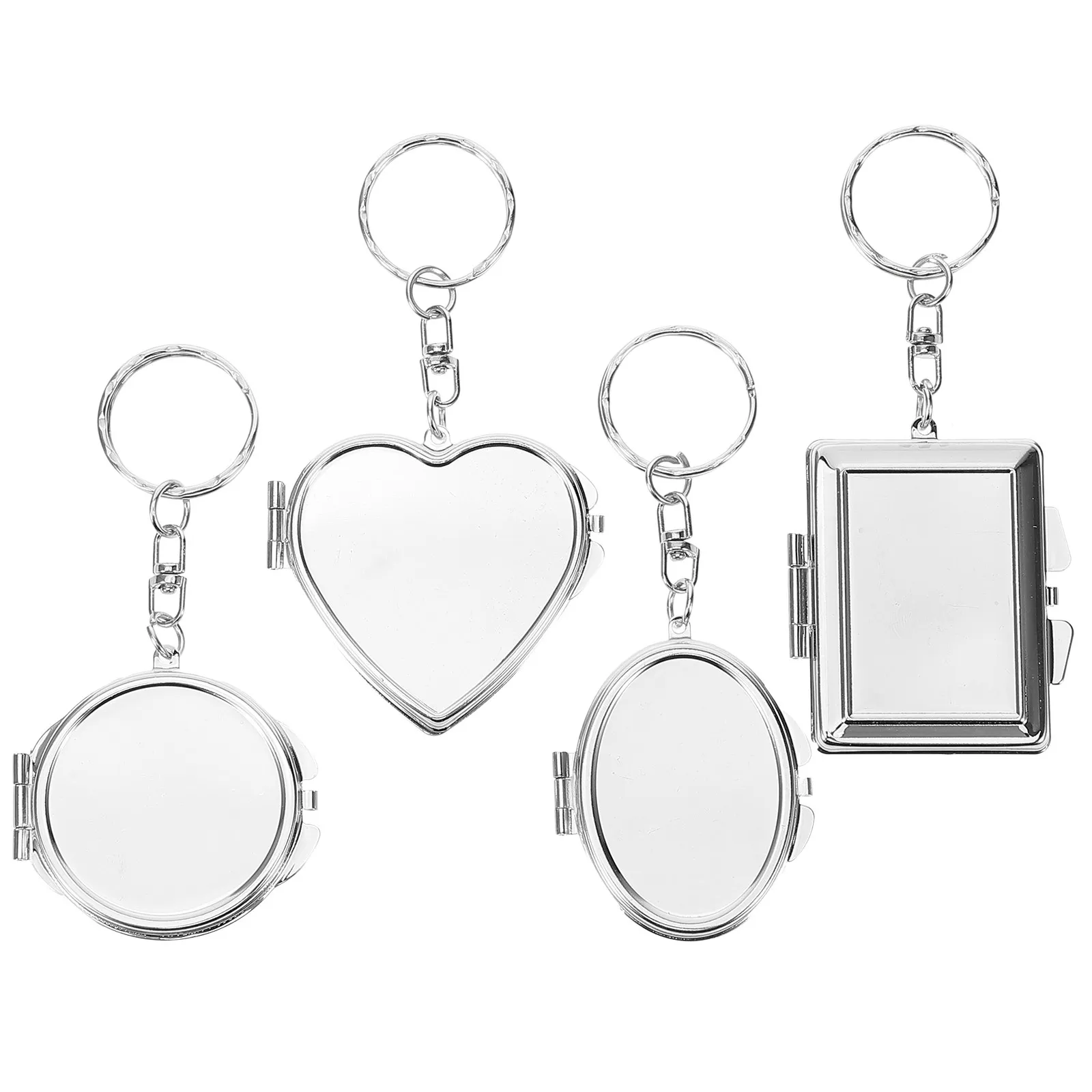 4Pcs Compact Folding Mirror Keychain Metal Mini Mirror Pocket Sized Double Sided Creative Shape Keyring Pendant Decor