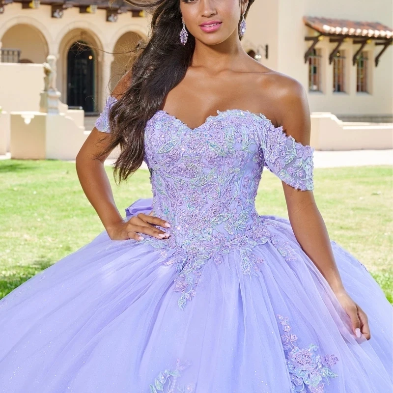 Vestido de quinceañera con hombros descubiertos para fiesta, traje Sexy de manga larga con apliques de cuentas de encaje y cordones, 2024