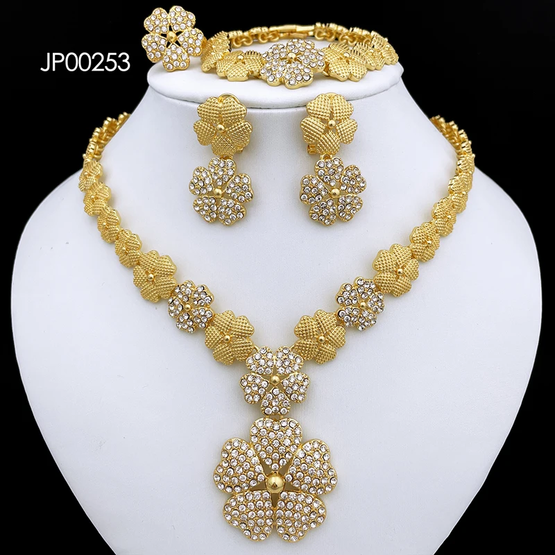 Dubai Nigeria Jewelry Sets For Women Luxury Design Five Petals Flower Pendant Necklace Earring Bracelet And Ring