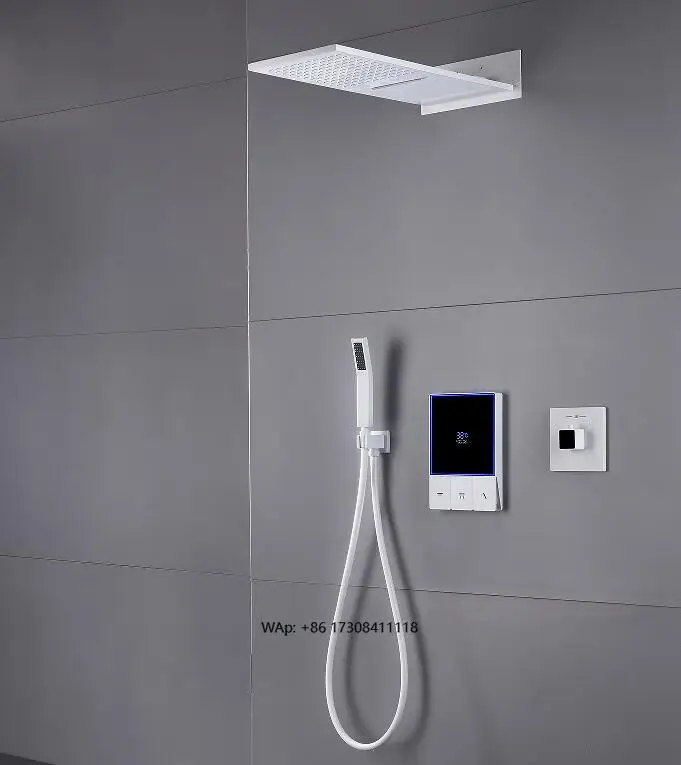 Modern White Digital Temperature LED Display Concealed Mounted Bathroom Rainfall Waterfall Shower System Set