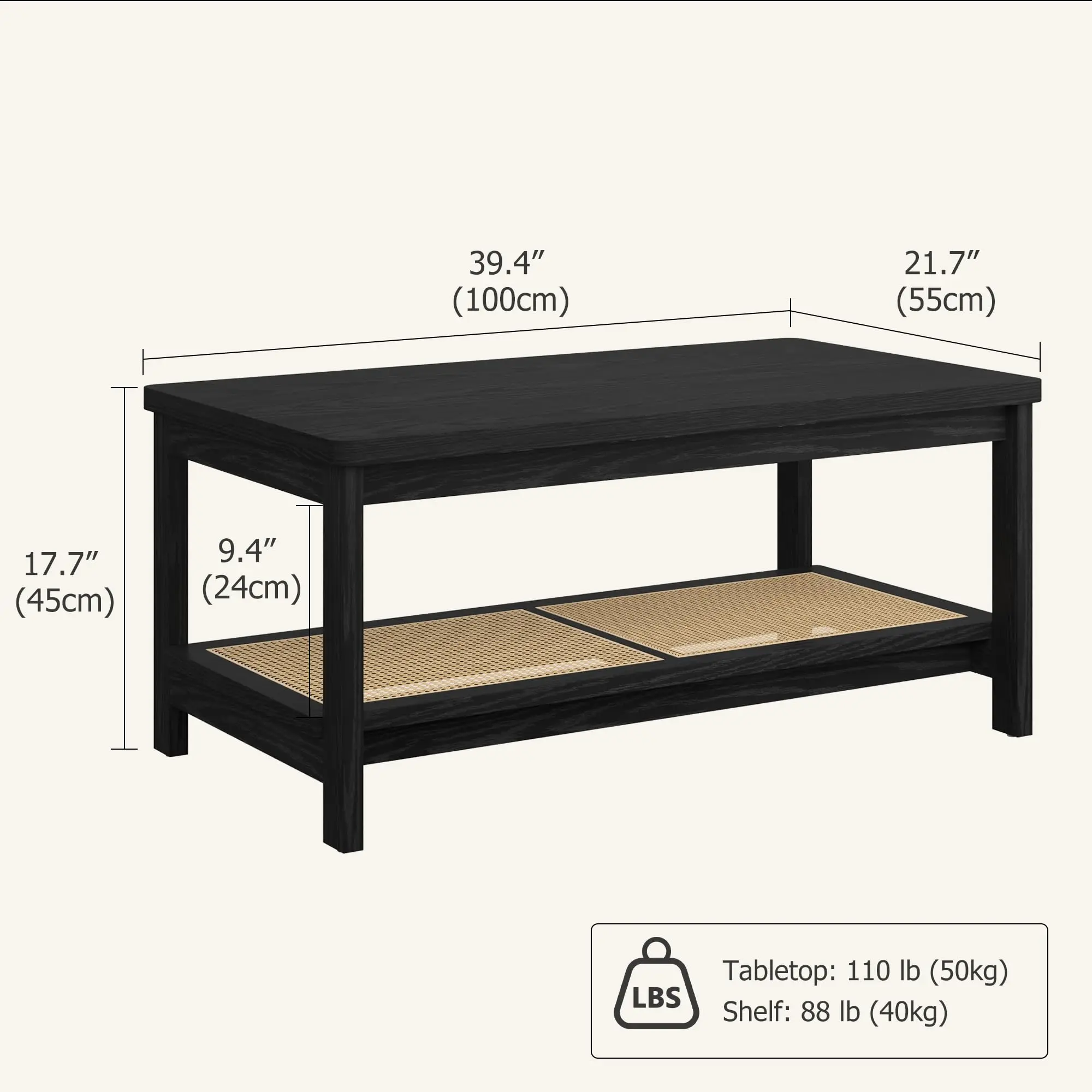Coffee Table for Living Room 2 Tier Rectangular Rattan Center Table with Storage Shelf Round Corner Easy Assembly Small Space