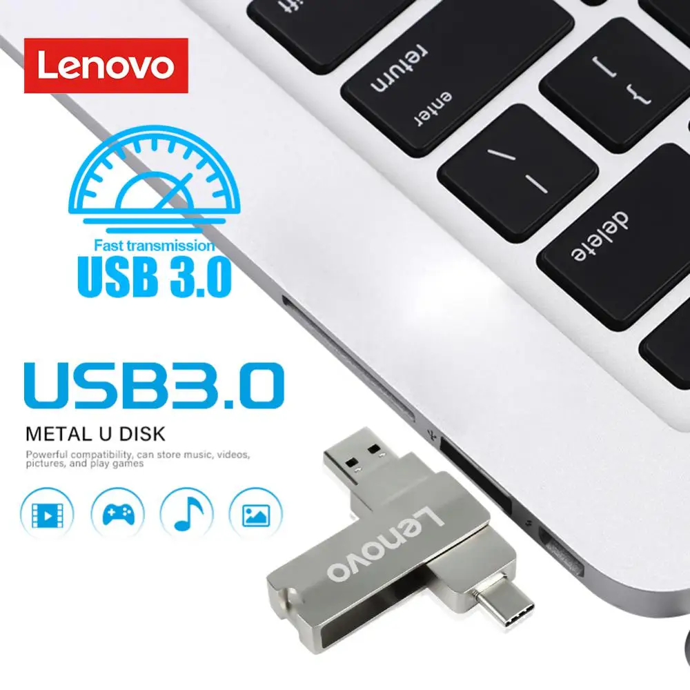 Lenovo-USB Flash Drive para Telefone, Tipo C Pendrive, Disco de memória, OTG Stick, USB 3.0, 2TB, 128 GB, 256 GB, 512GB, 2 em 1, original