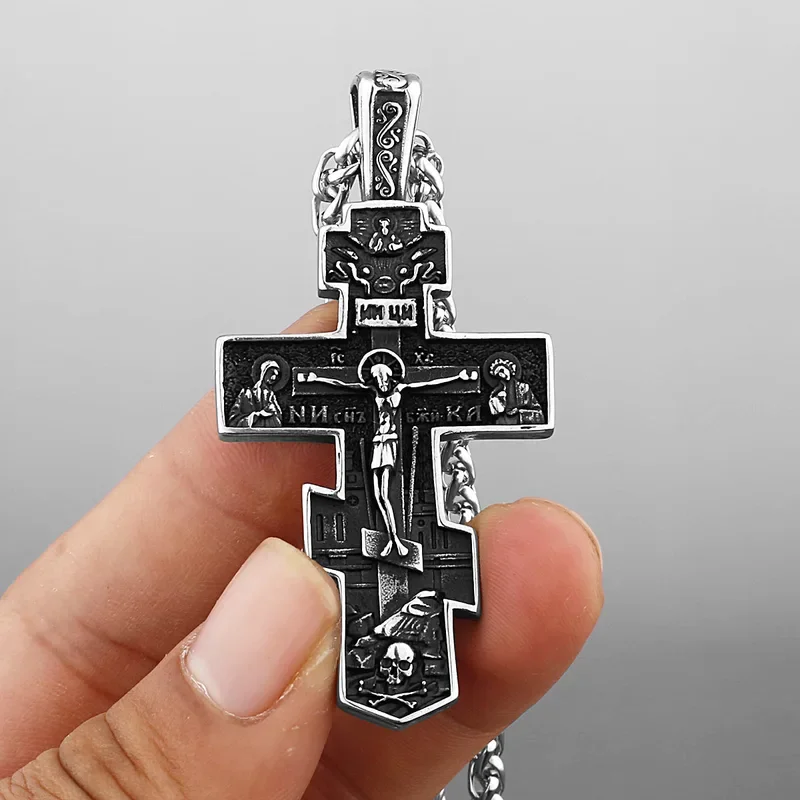 Custom HNSP 316L Stainless Steel Orthodox Cross Jesus Necklace Chain Pendant For Men Jewelry Religious Vintage Accessories