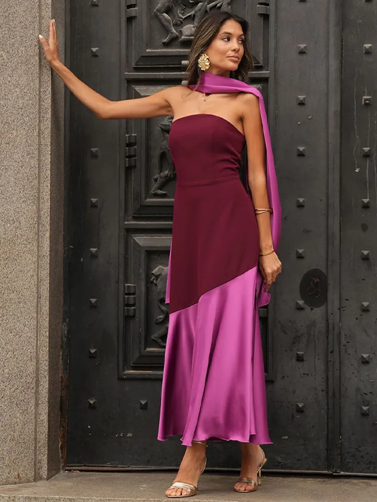 Elegante frauen Patchwork Satin Saum Kleid Mit Schal Mode Ärmel Open Back Slim Fit Vestido Neue Dame Abendkleider 2025