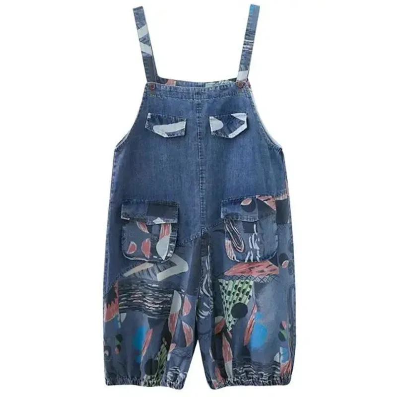 Summer Printed Cowboy Bib Women 2023 New Fashion Loose Jumpsuit Seven-Point High-Waist Jeans Suspenders Overalls Trousers Female