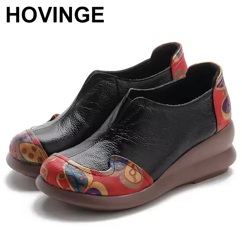 

Women Genuine Leather Wedged Pumps Autumn women's mid heel shoes Patchwork Design Elderly Appliques Comfortable Footwear