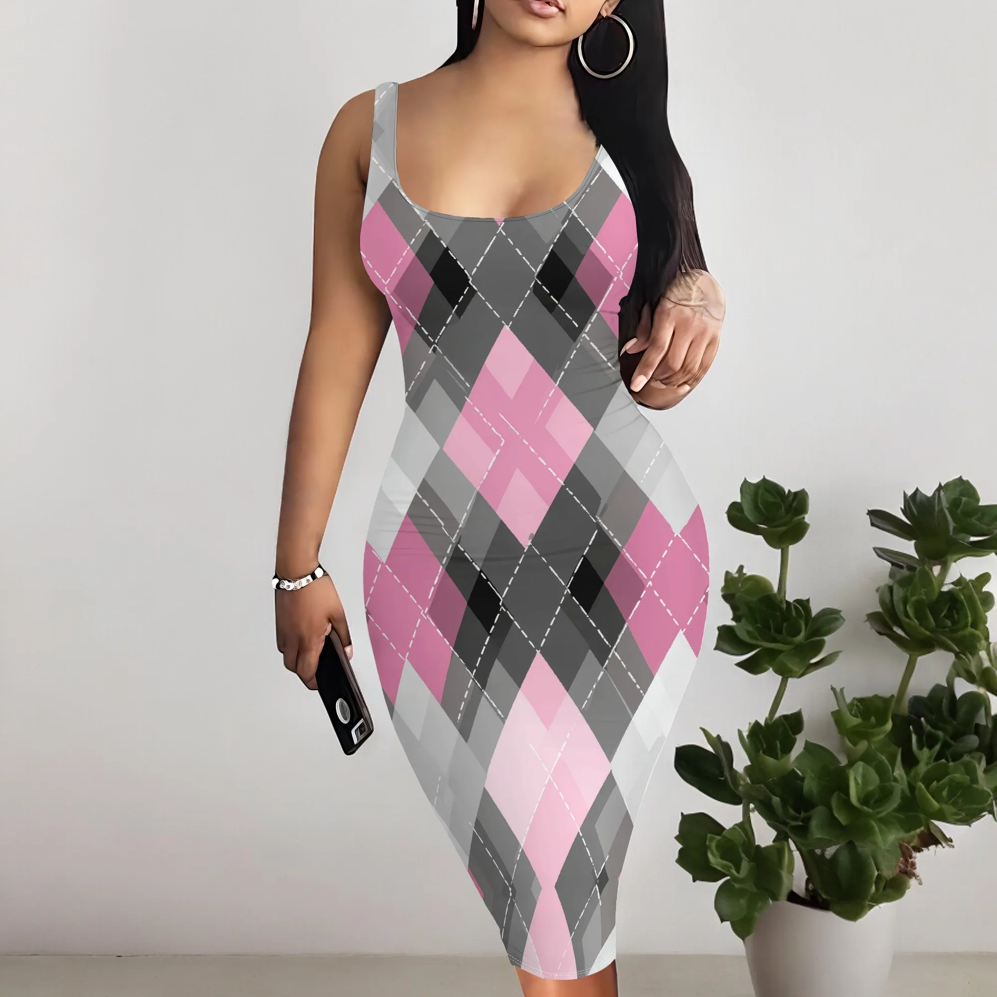 

Women’s Pink Plaid Bodycon Dress S-3XL Sleeveless Slim Fit for Preppy School Style & Daily Wear