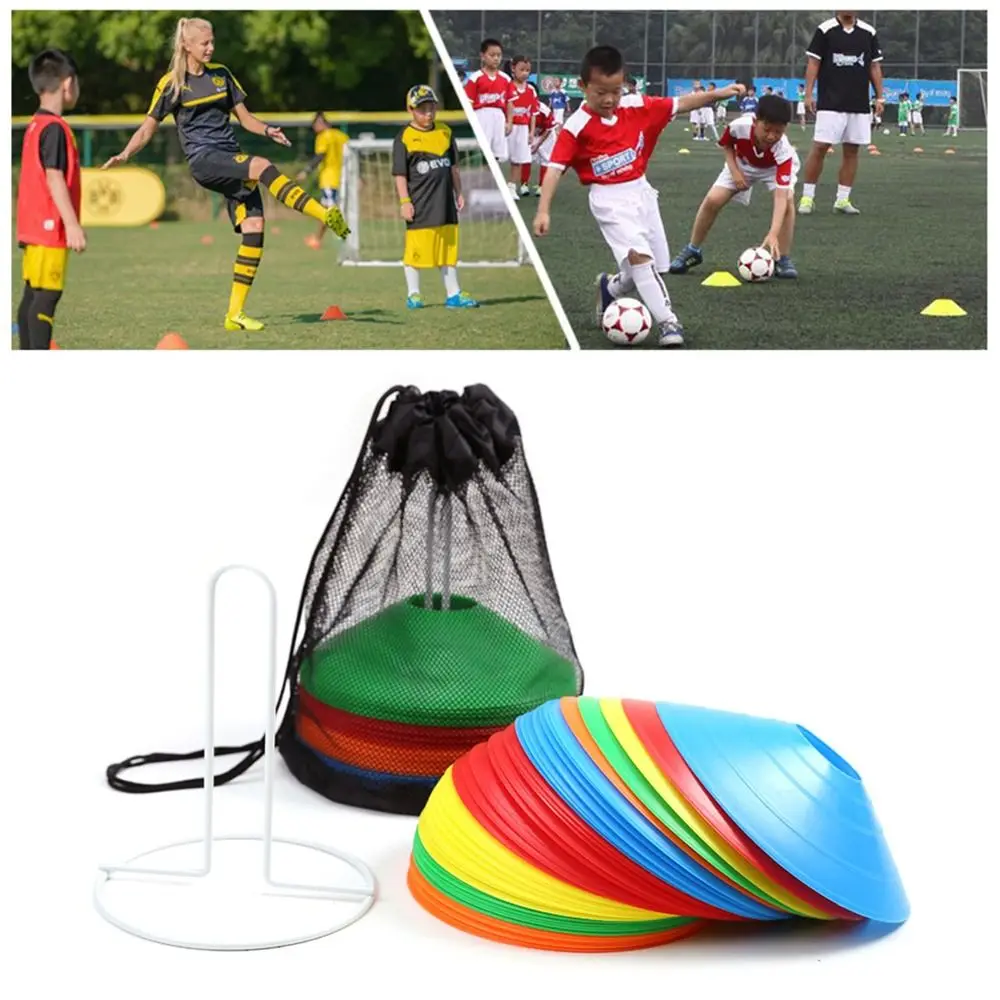 50 Stück mehrfarbige Fußball-Trainings-Logo-Scheibe, runder Mund, Ausrüstungsmarker, Hinderniskegel mit Aufbewahrungsbeuteln