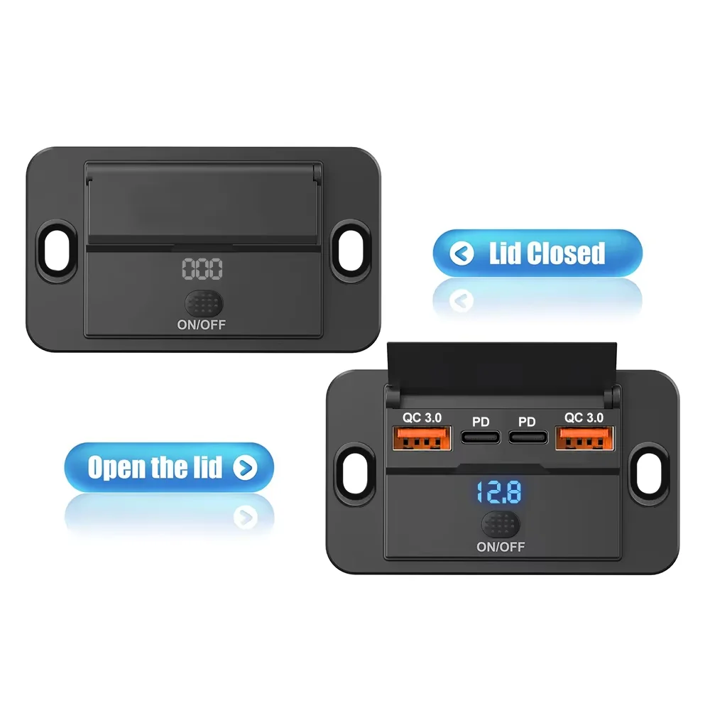 Hide Car Fast Charger Qc 3.0 18W and Dual Usb 30W Pd Socket 4-Port Car Charger Socket with Push-Switch Voltage Display