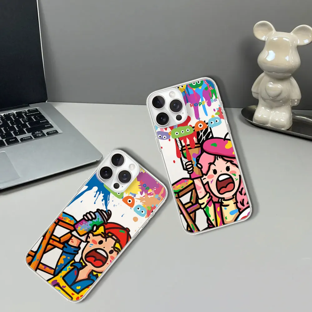 Cartoon Little Painter Colored Couples Phone Case For Samsung A04 05S 555G 23 24 PLUS S22 ULTRA Transparent