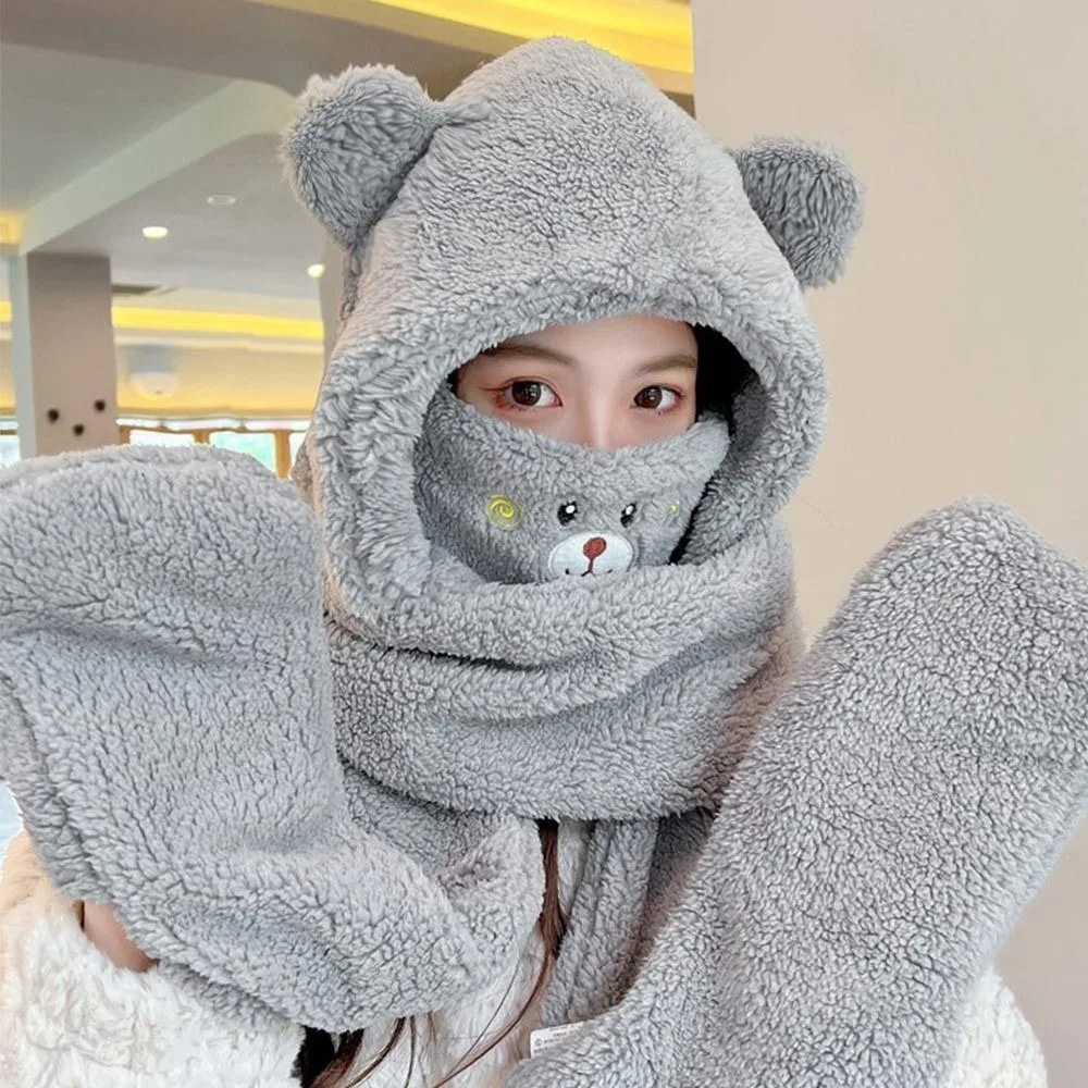 Sweet Plush Bear Ear Beanies Cap Solid Color Warm Scarf Gloves Set Large Head Circumference Thickened Ski Hat Women