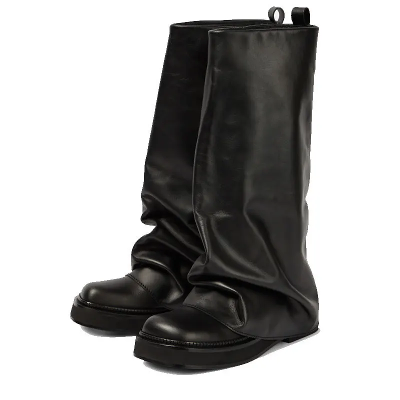 

Large Tube Lock Buckle Round Toe Long Boots Soft Leather Comfortable Pleated Trouser Botines Flat Metal Knight Botas Femininas