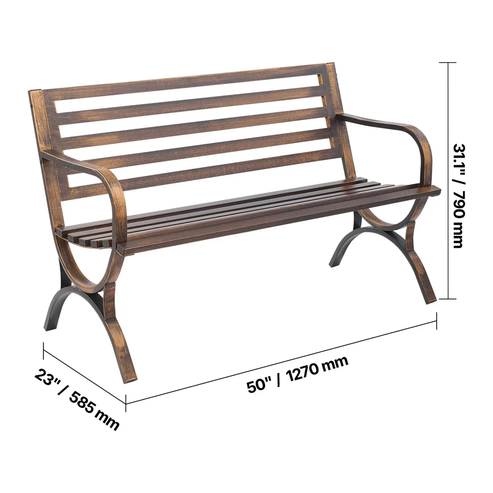 Outdoor Bench, 50 inch, Carbon Steel Metal Frame with Slatted Pattern Backrest and Round Edge Armrests, Weatherproof Outside Bench for Patio, Garden, Park, Yard, Front Porch, Antique Bronze