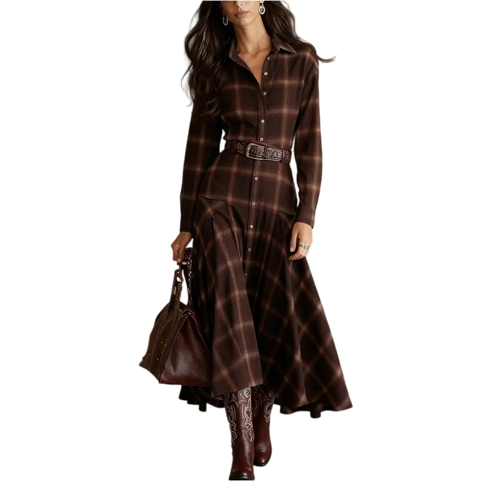 Women Vintage Plaid Shirt Dress Long Sleeve Elegant Temperament Maxi Dress Ladies Chic Casual Western Style Party Dress