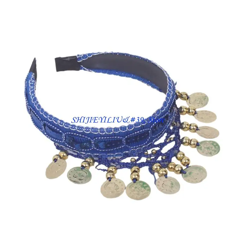E21F Ethnic Belly Dance Hairband Gold Coin Fringed Headband for Stability Comfortable Wear Stage Show Dressingup Headpiece