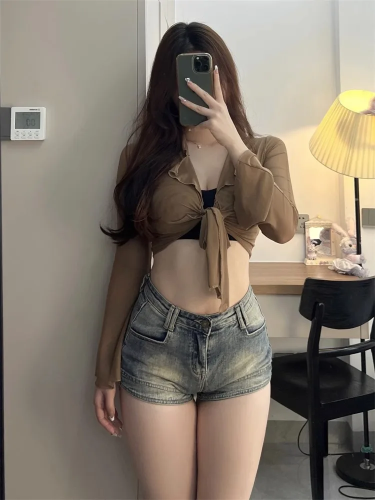 

Женские укороченные джинсовые шорты в американском стиле с высокой талией, летние, из хлопка, стрейч-деним, ретро, с эффектом потертости, на молнии, для прохлады и комфорта