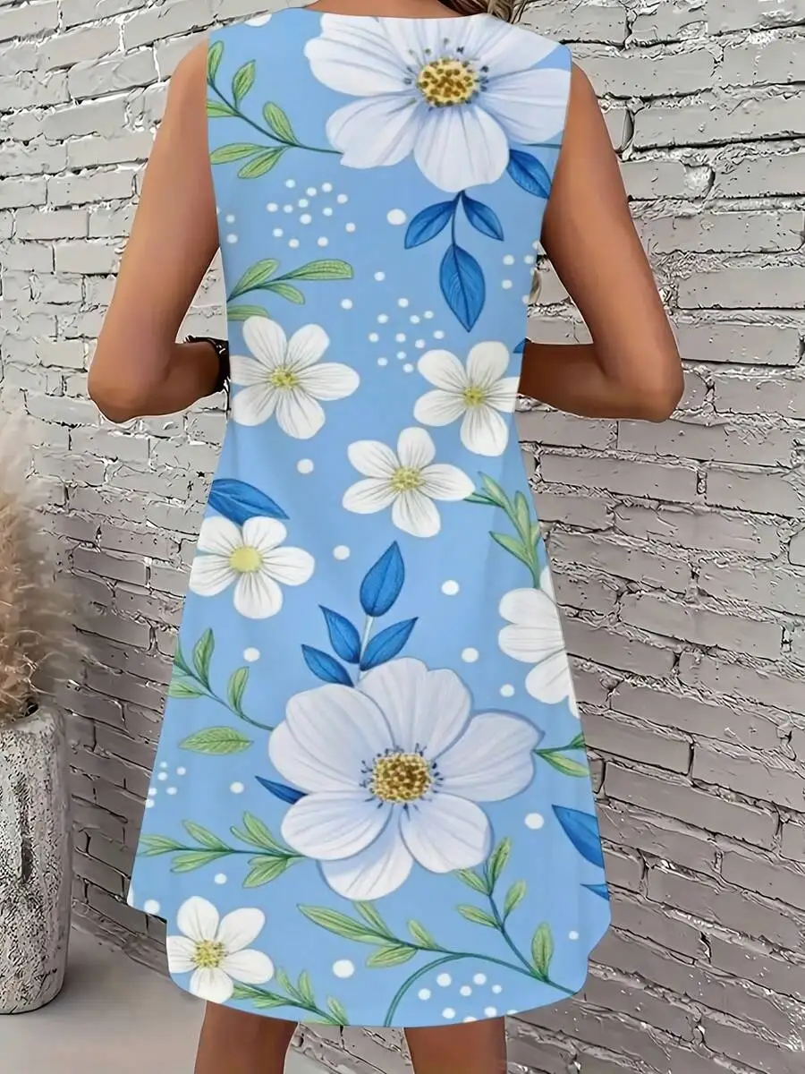 

Sleeveless Round Neck Womens Dress In Light Blue With White Floral Pattern, Loose Fit, Lightweight For Summer Casual Wear