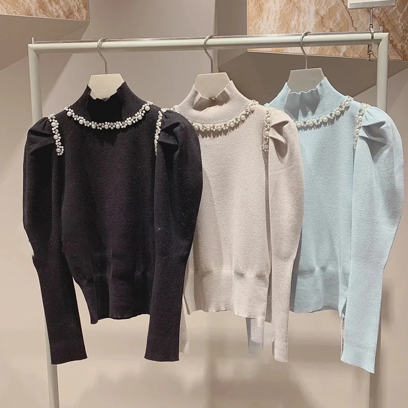 Kuzuwata Japanese Autumn Winter Jersey Mujer Pull Femme Stand Neck Heavy Beading Puff Sleeve Jumpers Knitted Pullover Sweaters