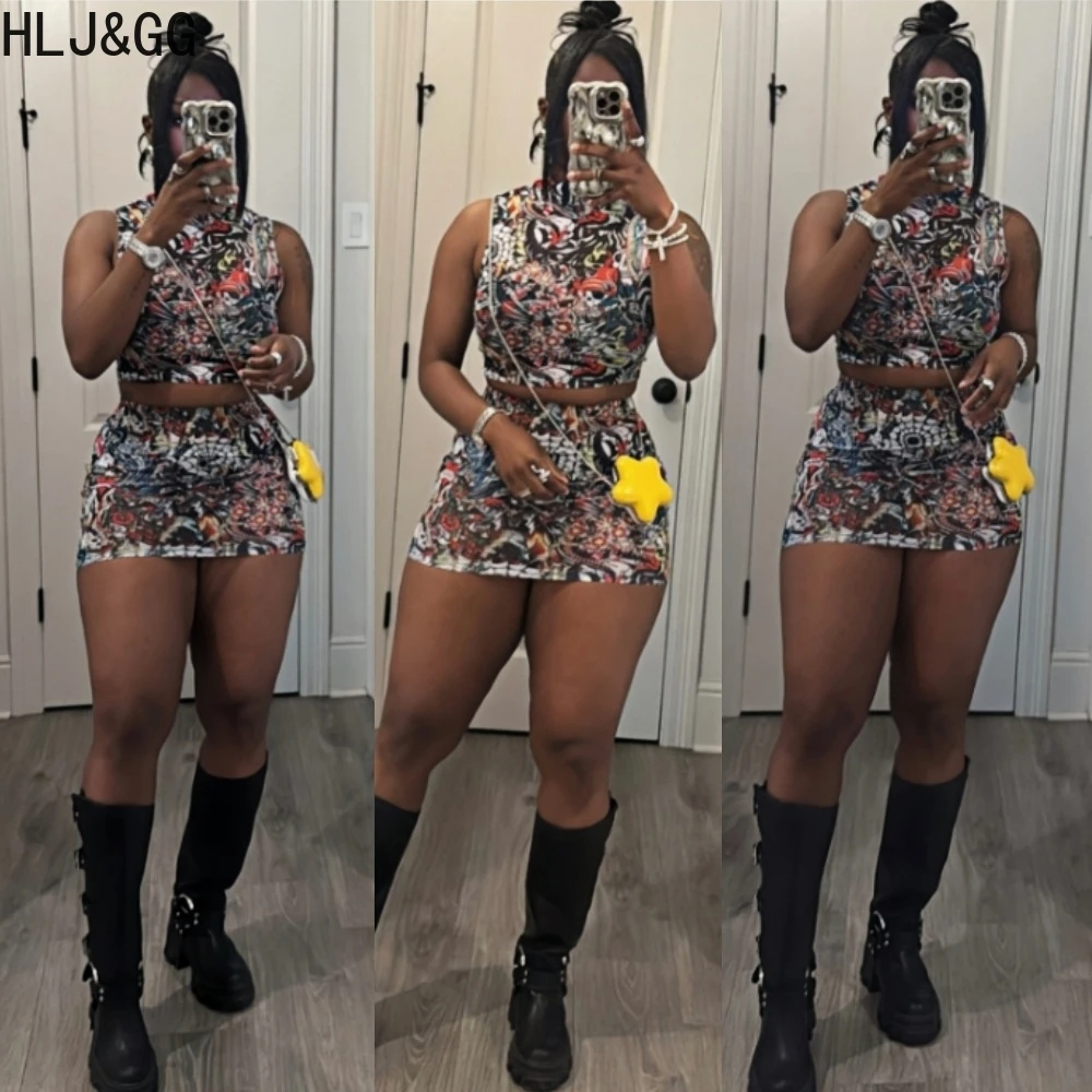 

HLJ Black Fashion Retro Pattern Print Two Piece Sets Women O Neck Sleeveless Slim Crop Top And Mini Skirts Outfit Y2K Streetwear