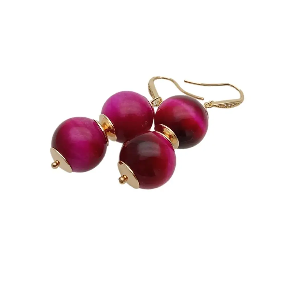 Y·YING Natural Tiger Eye Drop Earrings Fuchsia Color For Women Earring