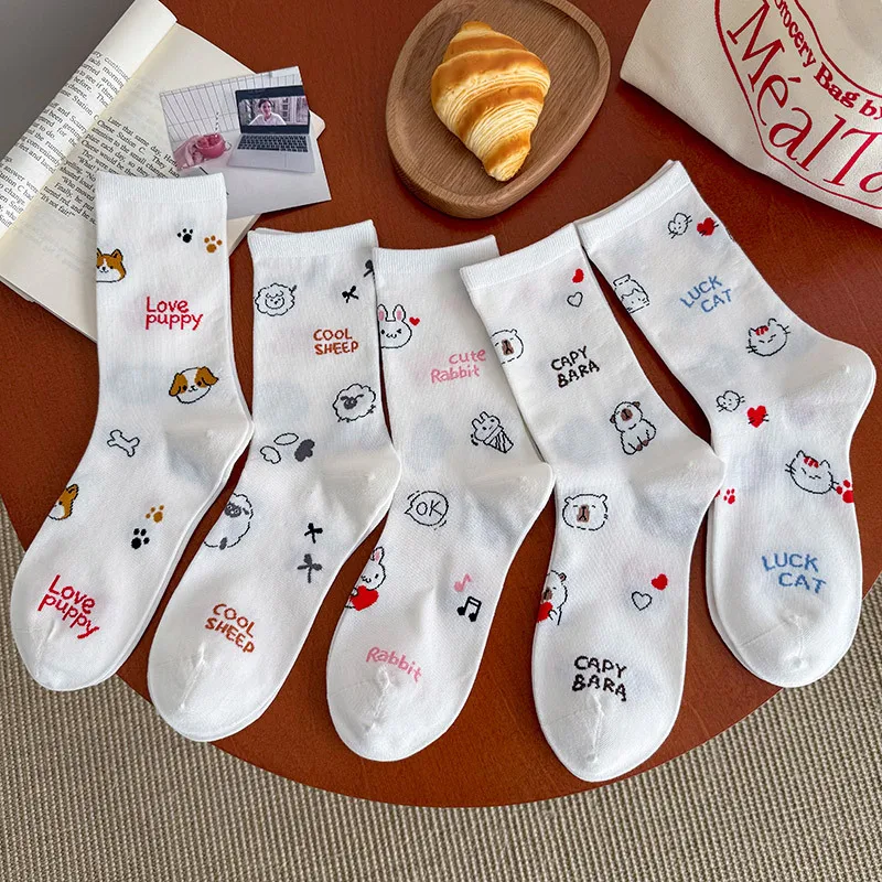 

Милые носки с принтом животных из мультфильмов, каваи, кошки, собаки, овцы, кролика, медведя, забавные носки, хлопковые тонкие дышащие однотонные белые носки