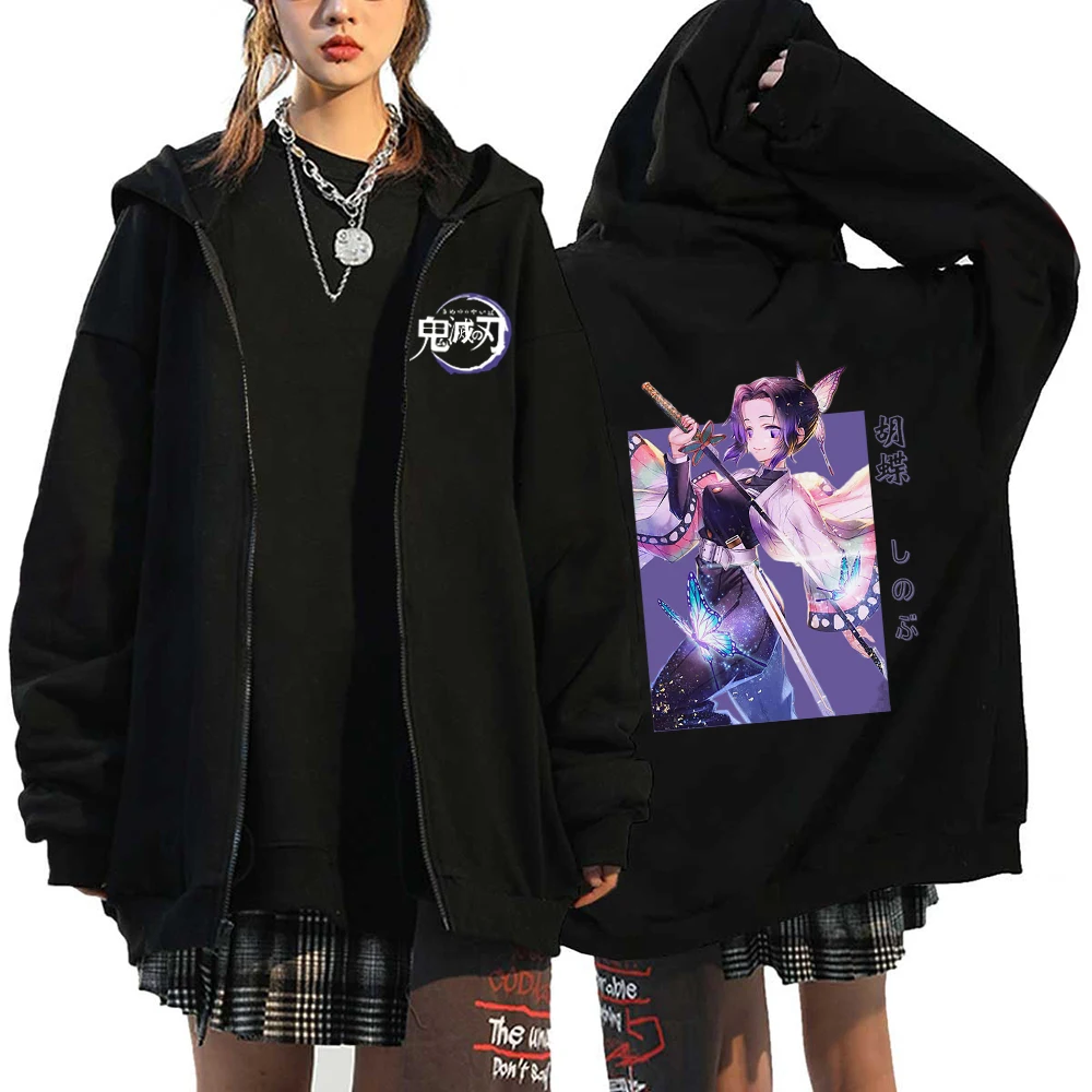 Hot Anime Demon Slayer Women Zip Hoodie Kochou Shinobu Plus SIze Sweatshirt Harajuku Zip Up Jacket Y2k Female Fashion Pullover