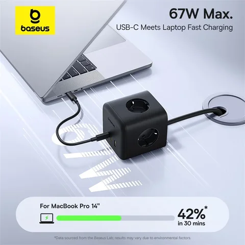 Baseus 67 Вт GaN Быстрое зарядное устройство Удлинитель 3AC 3680 Вт Розетка USB-C Настольная станция для быстрой зарядки для ноутбука iPhone Samsung Xiaomi