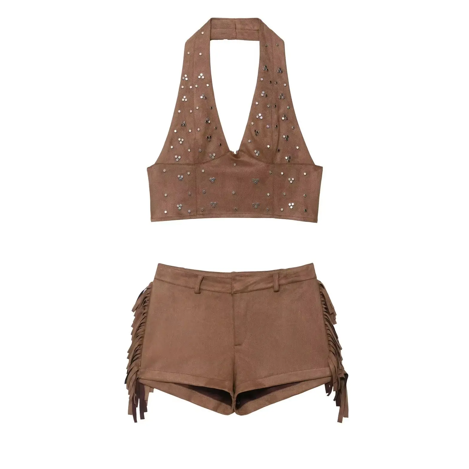 

KONDALA шикарная уличная одежда 2025 сексуальные женские костюмы с открытой спиной и блестками, короткий топ + мини-шорты с кисточками, модные комплекты Mujer Y2K