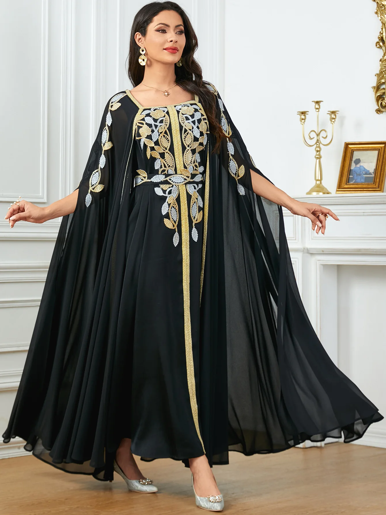 

Fashion Cape Sleeve Lace Embroidered Chiffon Dubai Arabian Middle East Muslim Women Dress Evening Gown Turkey Kaftan Abaya Robe