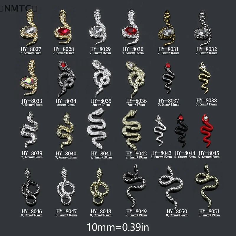 10 pezzi in lega di serpente per nail art charms di lusso 3D serpente gioielli per unghie Serpiente manicure fai da te salone 2025 anno della decorazione del serpente