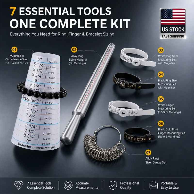 PHYHOO 7PCS Jewelry Ring Sizer Kit Finger Measuring Tool Bracelet Gauge Set Ring Mandrel Sizing Belt Jewelry Making Tools US War