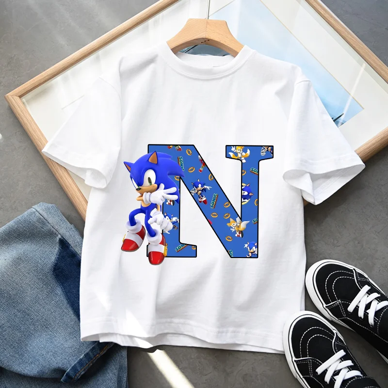 Sonics T-Shirt Kawayii Cartoon White Clothes A-Z Personality Letter Simple Basic Tops Boys Girls Absorbent Shirts Birthday Gift