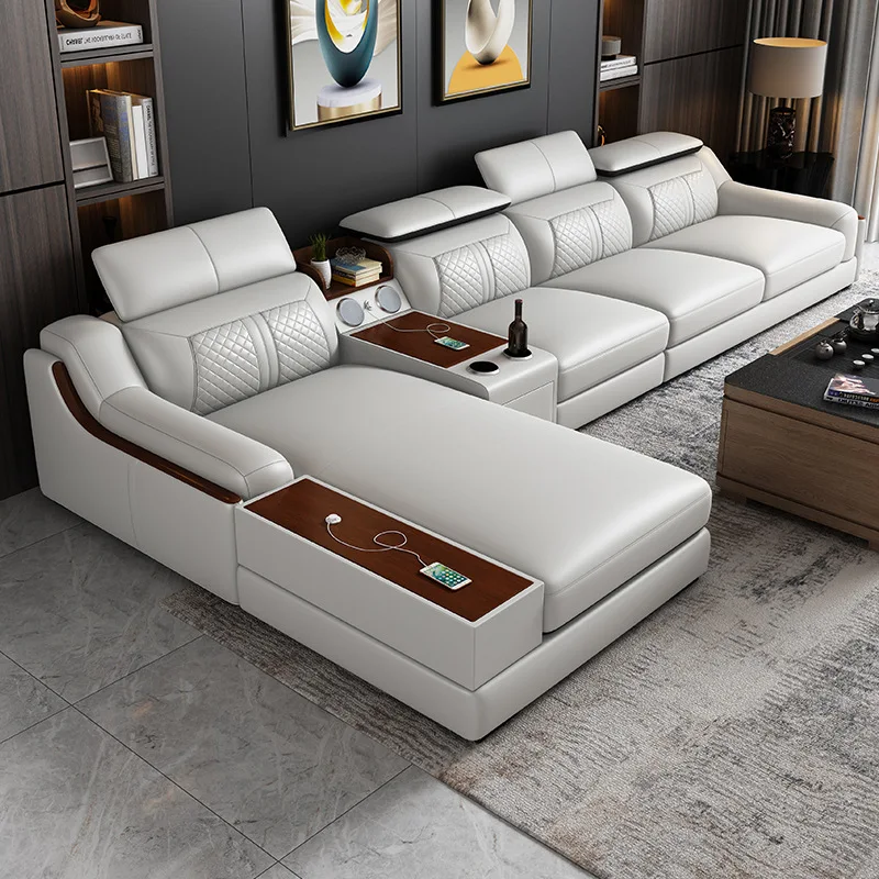 2026 Luxury Light Custom Traditional Living Room Furniture PU Sofa L-shaped Combination Sofa Set Convertible Bed Recliner