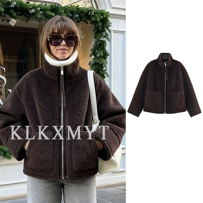 

Женская цельная куртка на меху, пальто, зима 2025, новая мода, однотонное однотонное пальто на молнии с длинными рукавами, женская шикарная свободная верхняя одежда для отдыха