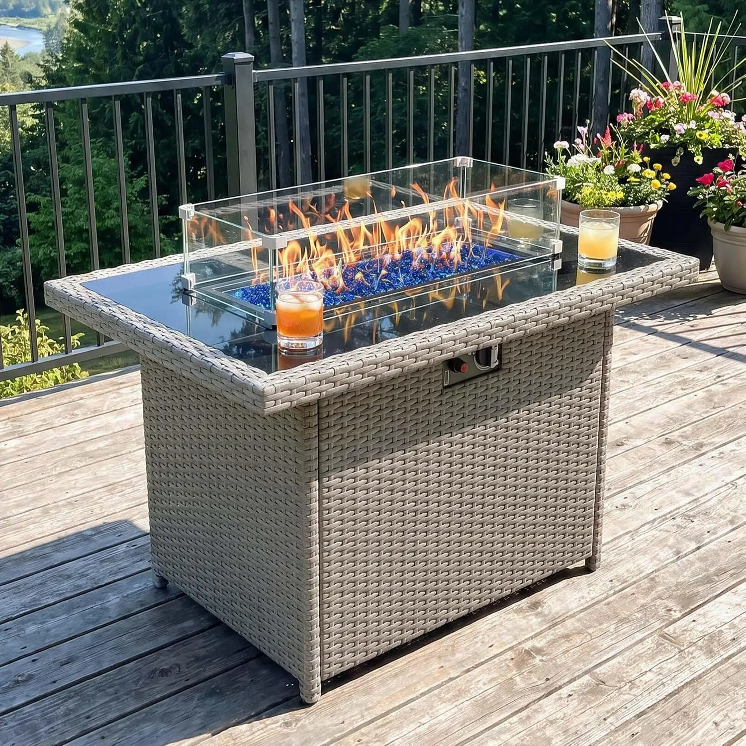 Propane Fire Pit Table,44 Inch 55000 BTU Outdoor Gas Fire Pit Rectangular with Glass Wind Guard for Outside Patio Deck