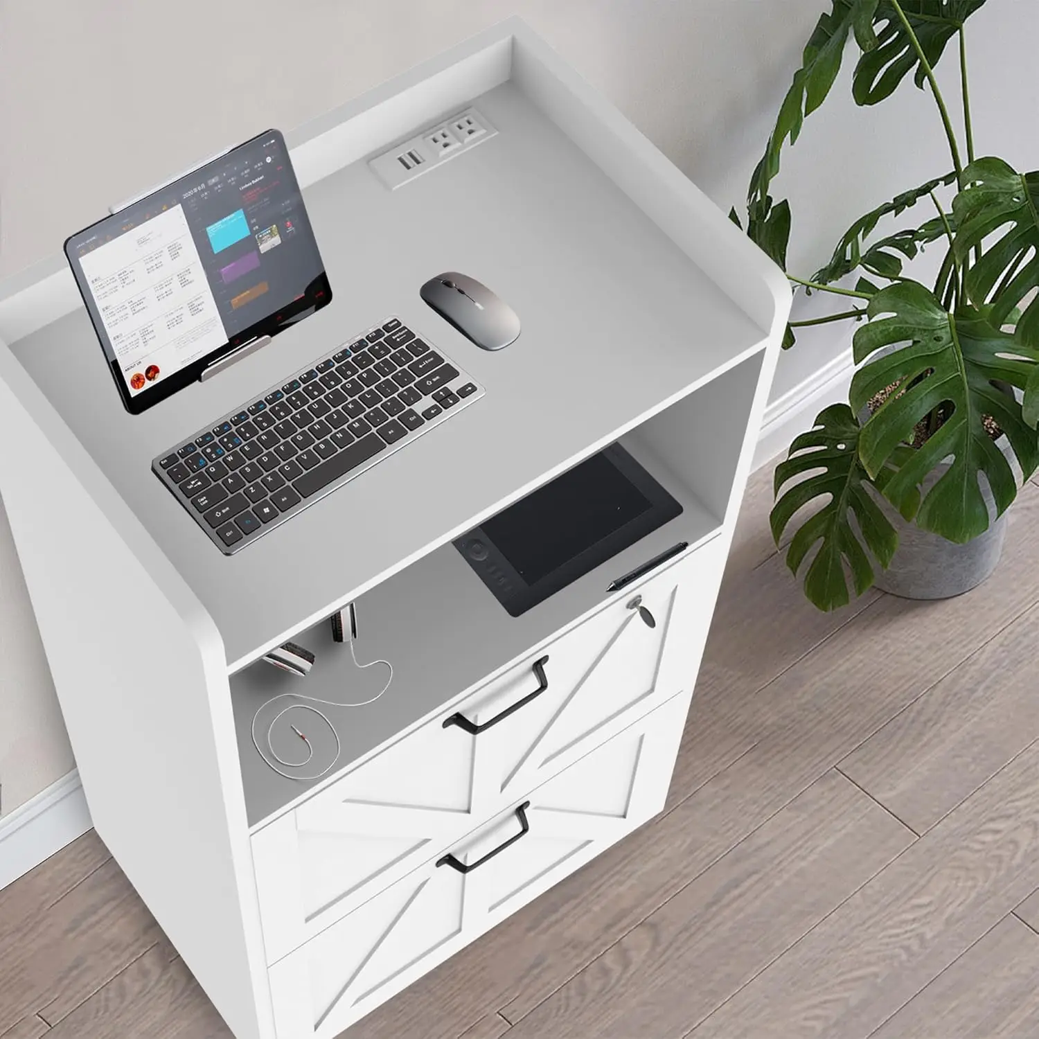 Lateral File Cabinet with Charging Station, Wood Filing Cabinet with Lock & LED Light, Large Storage Printer Stand for