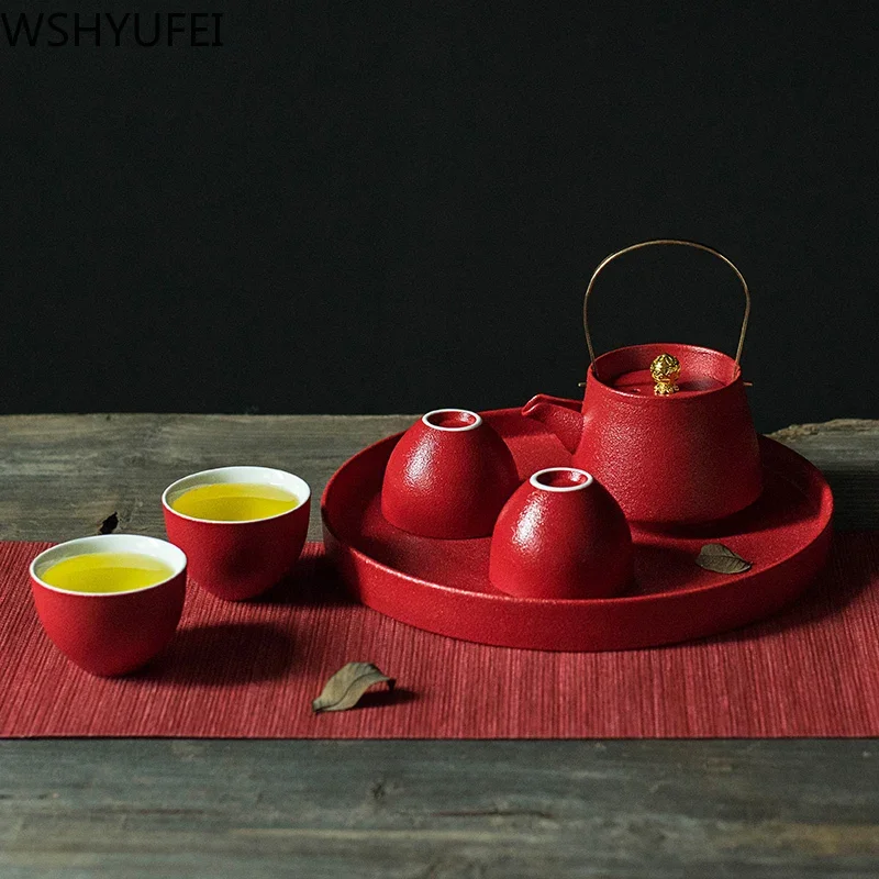 WSHYUFEI Red Teapot Ceramics tea set China wedding Tea Sets Tea Cups Pot Porcelain Wedding banquet Beautiful Kettle Gifts