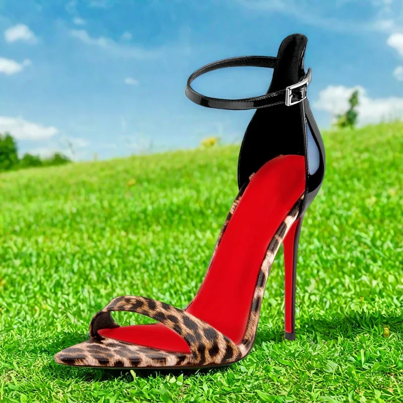 12cm High Heeled Sandals,Sexy Leopard Summer Shoes,Open Toe,Cover Back Ankle Buckle Strap,Customized Colors and Height 16cm