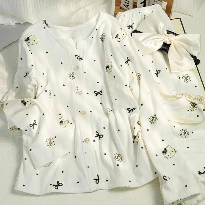 

Зимний пижамный комплект Sanrio Hello Kitty, теплая женская одежда для сна с длинными рукавами и брюками, ночная одежда, домашняя одежда принцессы, новинка