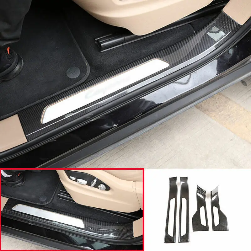 Real Carbon Fiber Door Sill Threshold Protector Scuff Plate Trim Set For Porsche Cayenne 2018-2021