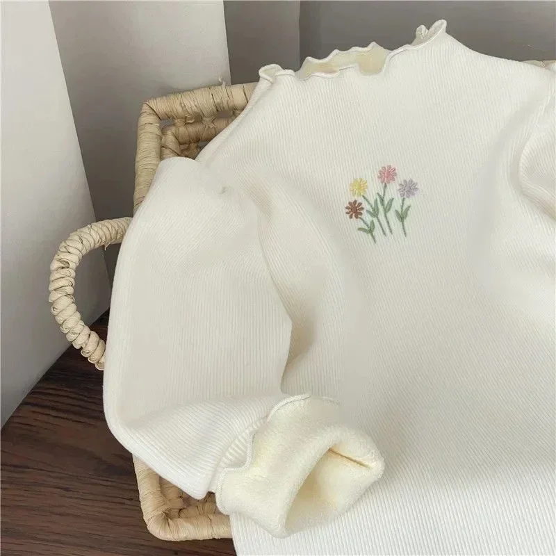 Warmer, dicker Pullover für Mädchen 1-6 Jahre, Plüsch-Oberteil mit halbem Stehkragen, Herbst-Winter-Mädchen-Strick-T-Shirt mit Stickerei – Detail 5